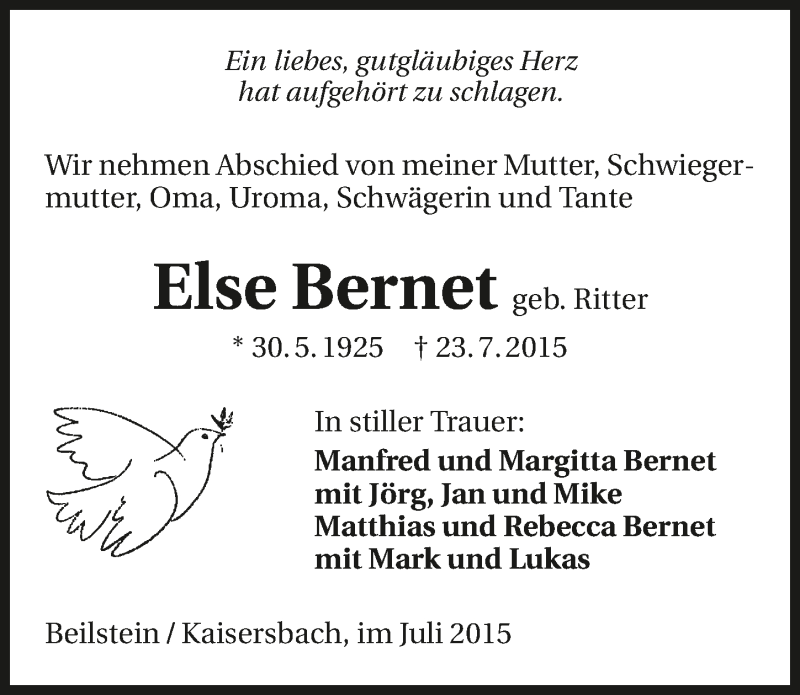  Traueranzeige für Else Bernet vom 27.07.2015 aus 