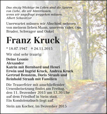 Traueranzeige von Franz Kruck 