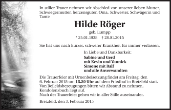 Traueranzeige von Hilde Röger 