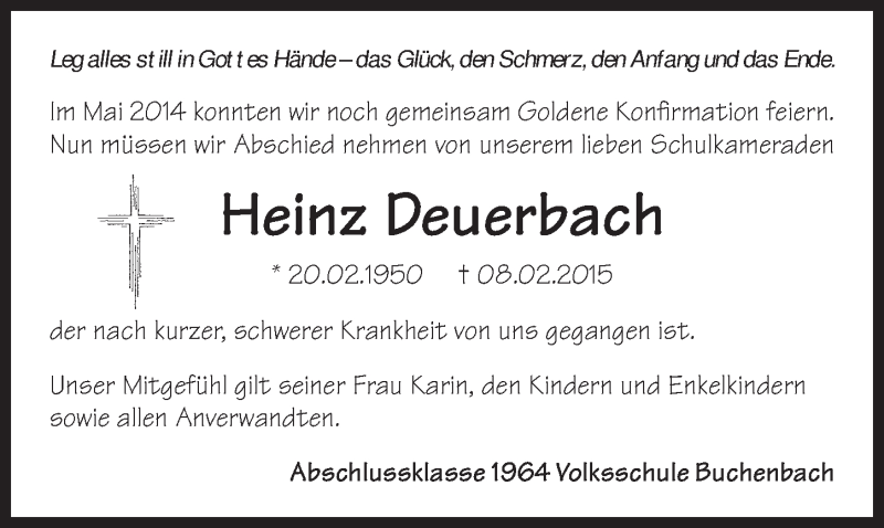  Traueranzeige für Heinz Deuerbach vom 12.02.2015 aus 