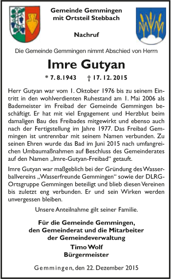 Traueranzeige von Imre Gutyan 