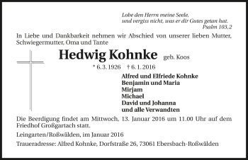 Traueranzeige von Hedwig Kohnke 