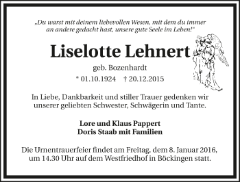 Traueranzeige von Liselotte Lehnert 