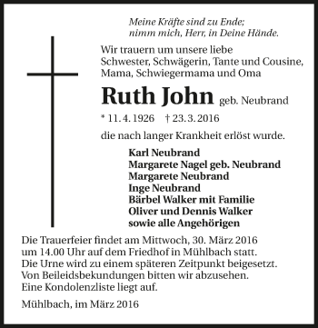 Traueranzeige von Ruth John 