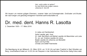 Traueranzeige von Hanns R. Lasotta 