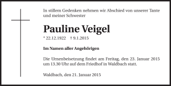 Traueranzeige von Pauline Veigel 