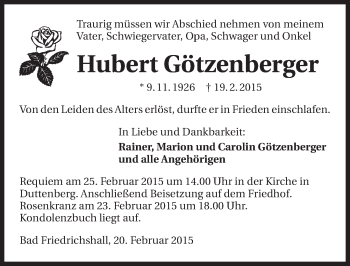 Traueranzeige von Hubert Götzenberger 