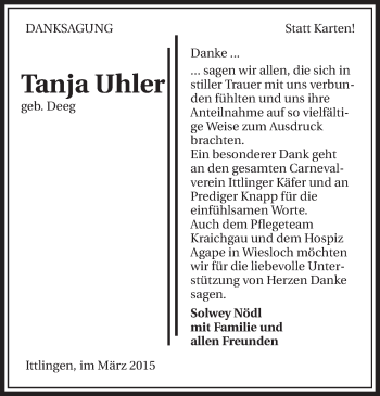 Traueranzeige von Tanja Uhler 