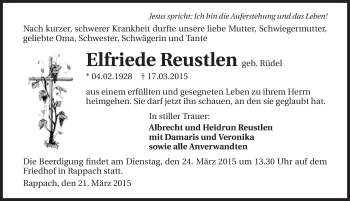 Traueranzeige von Elfriede Reustlen 