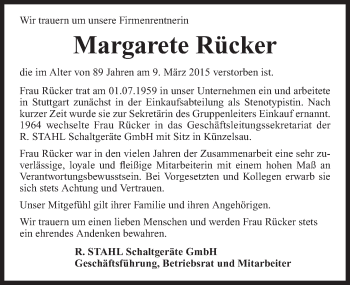 Traueranzeige von Margarete Rücker 