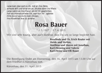 Traueranzeige von Rosa Bauer 