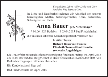 Traueranzeige von Anna Bauer 