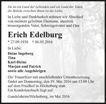 Traueranzeige von Erich Edelburg 