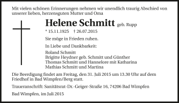 Traueranzeige von Helene Schmitt 