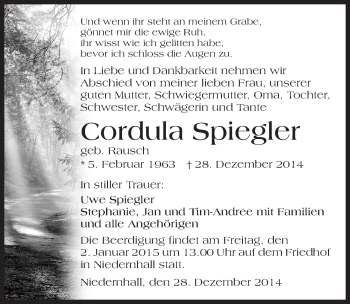 Traueranzeige von Cordula Spiegler 