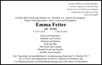 Traueranzeige von Emma Fetter 