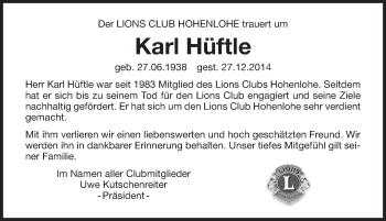 Traueranzeige von Karl Hüftle 