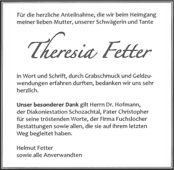 Traueranzeige von Theresia Fetter 