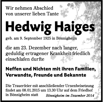 Traueranzeige von Hedwig Haiges 