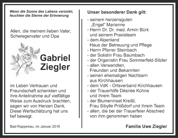 Traueranzeige von Gabriel Ziegler 