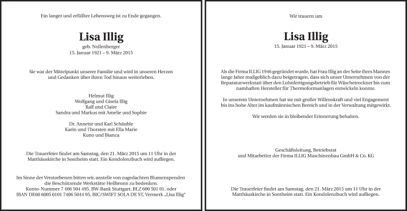  Traueranzeige für Lisa Illig vom 14.03.2015 aus 