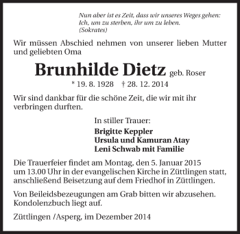 Traueranzeige von Brunhilde Dietz 