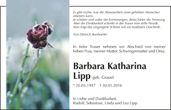 Traueranzeige von Barbara Katharina Lipp 