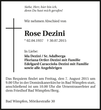 Traueranzeige von Rose Dezini 