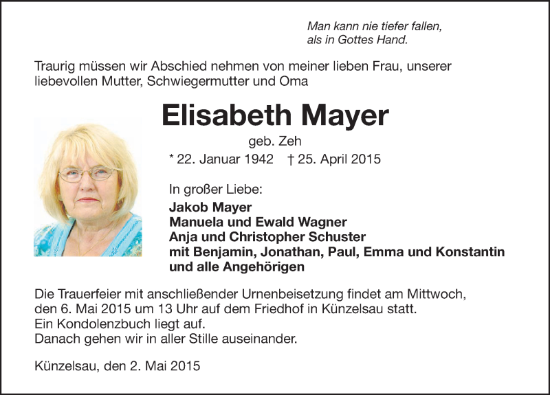  Traueranzeige für Elisabeth Mayer vom 02.05.2015 aus 