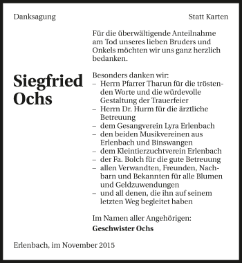 Traueranzeige von Siegfried Ochs 