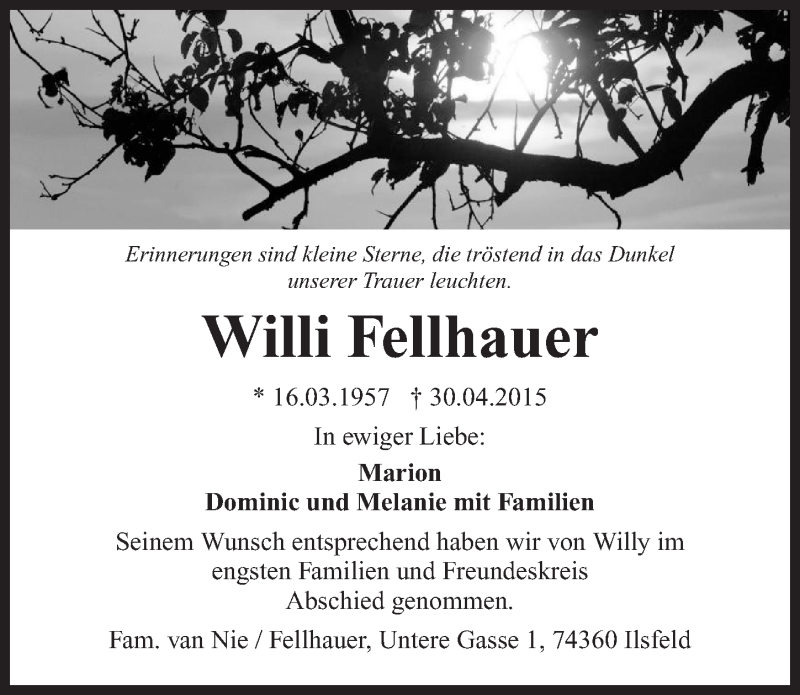  Traueranzeige für Willi Fellhauer vom 13.05.2015 aus 