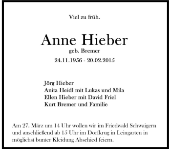 Traueranzeige von Anne Hieber 