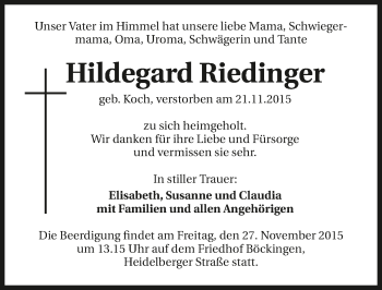 Traueranzeige von Hildegard Riedinger 