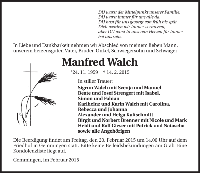  Traueranzeige für Manfred Walch vom 19.02.2015 aus 