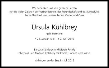 Traueranzeige von Ursula Kühlbrey 