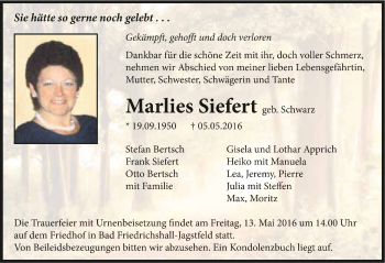 Traueranzeige von Marlies Siefert 