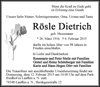 Traueranzeige von Rösle Dietrich 