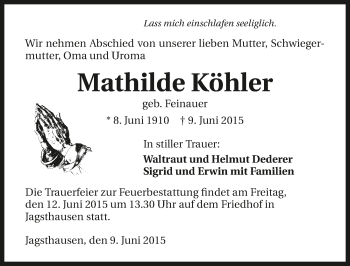 Traueranzeige von Mathilde Köhler 