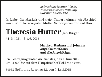 Traueranzeige von Theresia Hutter 