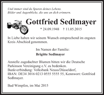 Traueranzeige von Gottfried Sedlmayer 