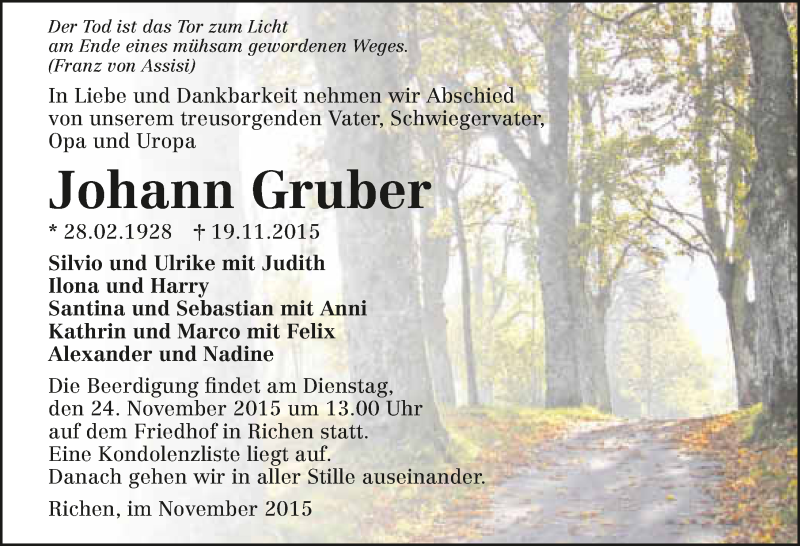  Traueranzeige für Johann Gruber vom 21.11.2015 aus 