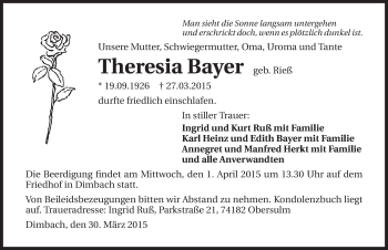Traueranzeige von Theresia Bayer 