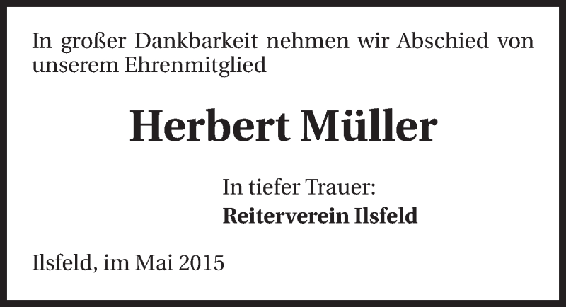  Traueranzeige für Herbert Müller vom 20.05.2015 aus 