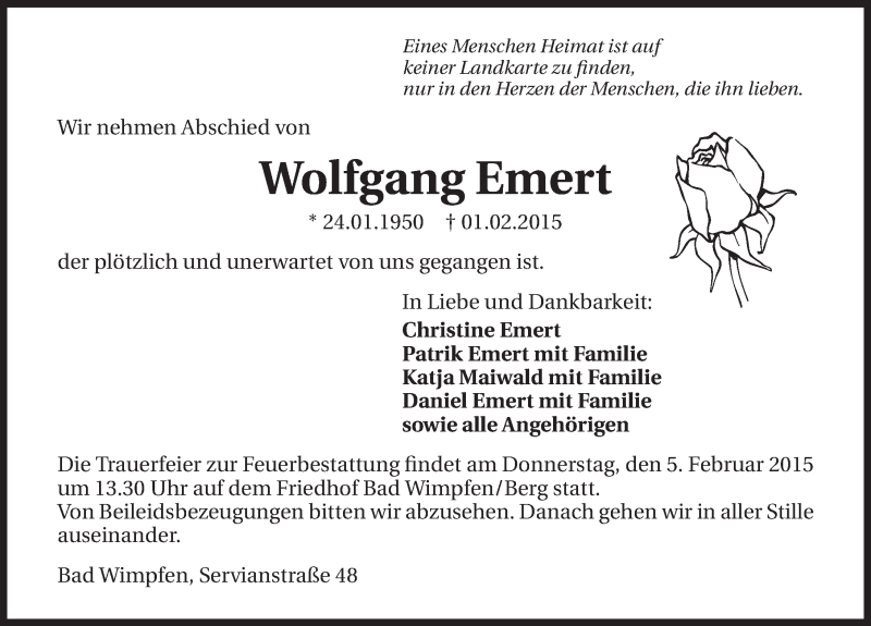  Traueranzeige für Wolfgang Emert vom 03.02.2015 aus 