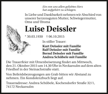 Traueranzeige von Luise Deissler 