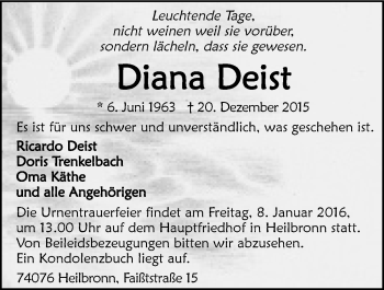 Traueranzeige von Diana Deist 