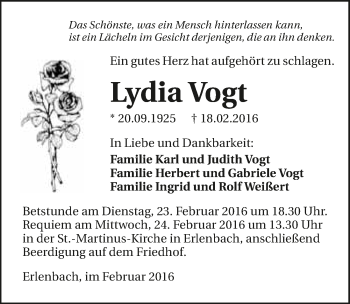 Traueranzeige von Lydia Vogt 