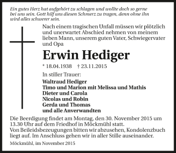 Traueranzeige von Erwin Hediger 