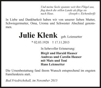 Traueranzeige von Julie Klenk 