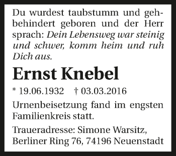 Traueranzeige von Ernst Knebel 